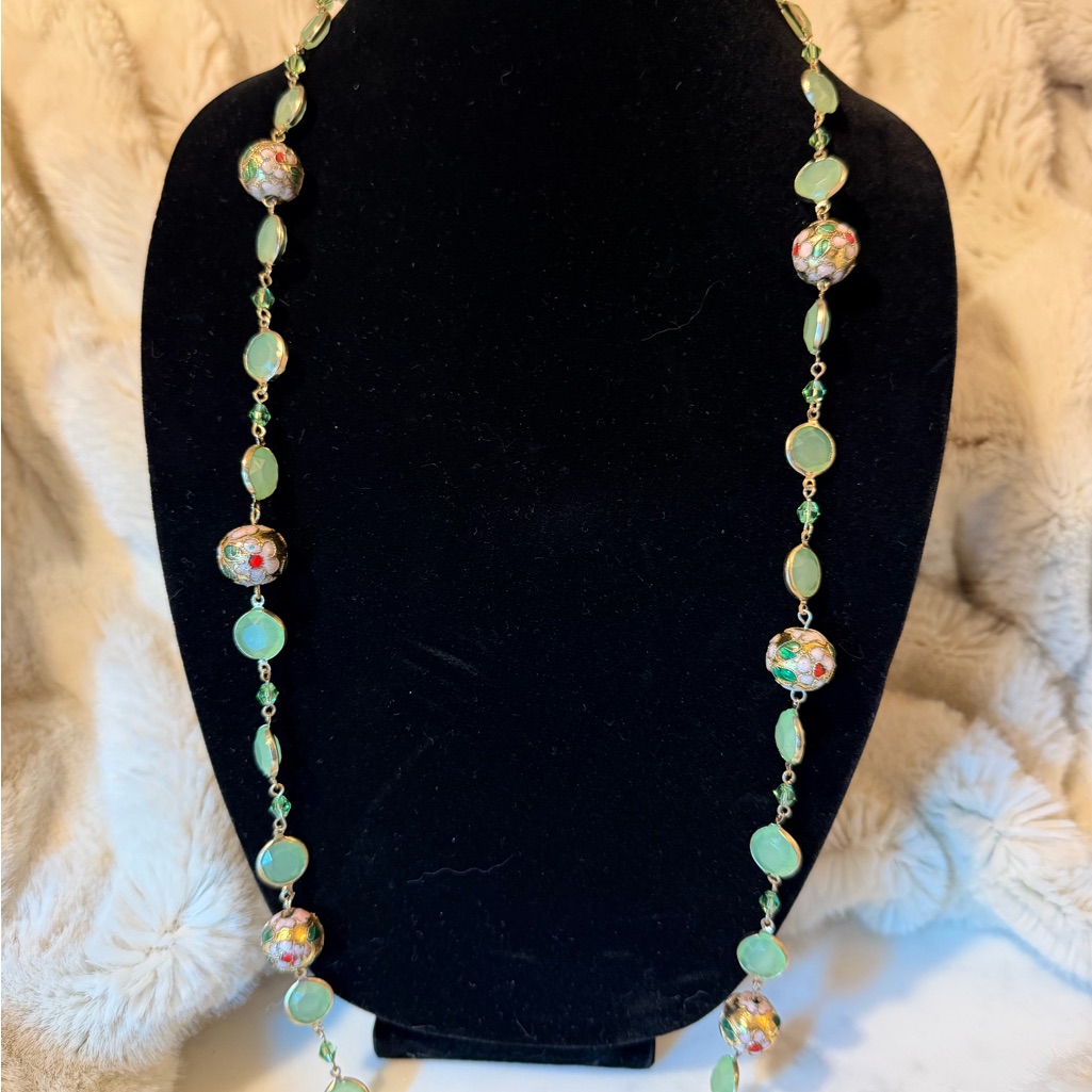 Marilyn Schiff Cloisonn  Green Bezel Set Beads Necklace
